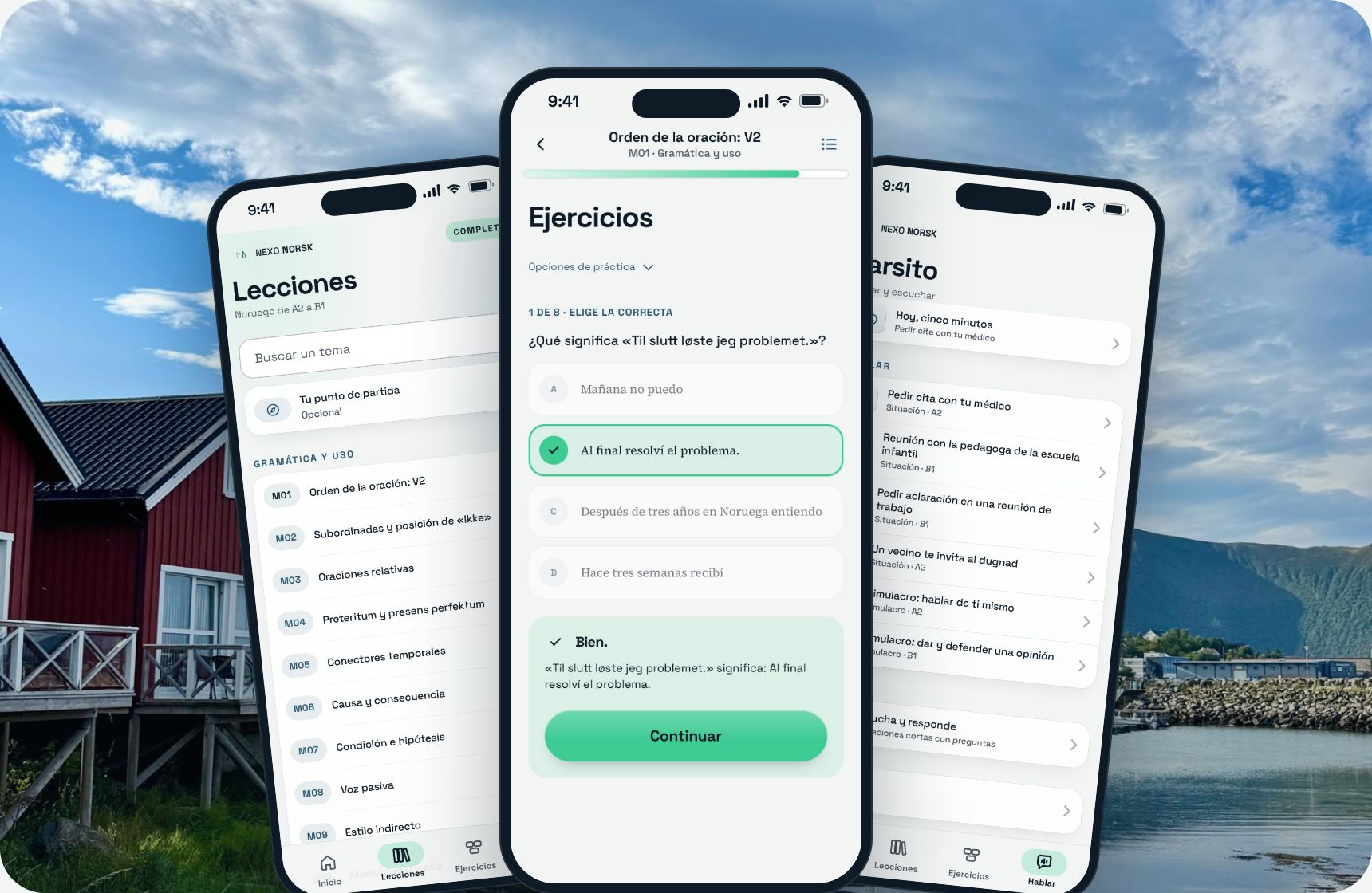 Tres pantallas de la app de NEXO NORSK en un iPhone, sobre un fiordo: la lista de lecciones, un ejercicio corregido y Larsito.