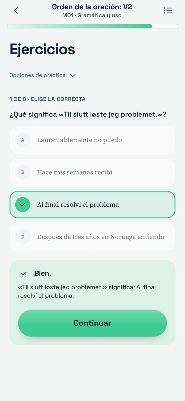 Pantalla de un ejercicio resuelto con la respuesta correcta marcada y la explicación debajo.