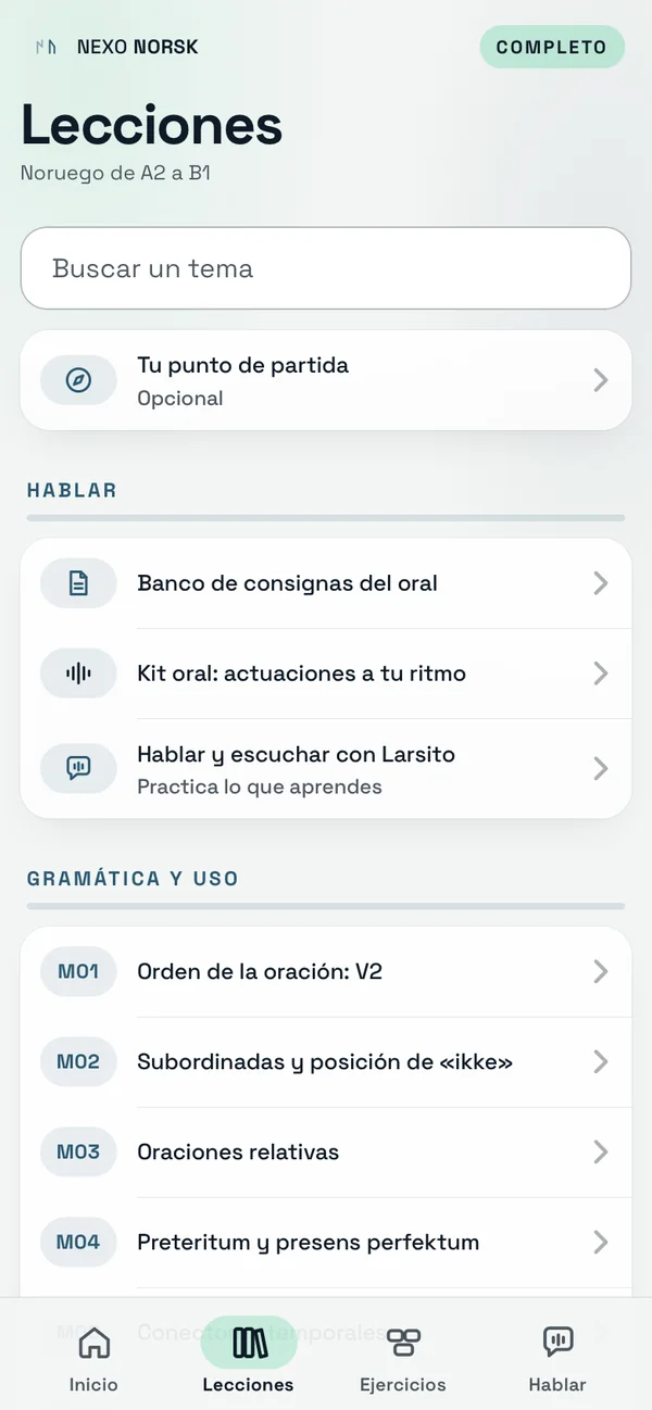Pantalla con las lecciones del curso de A2 a B1: el punto de partida, la práctica oral y la gramática.