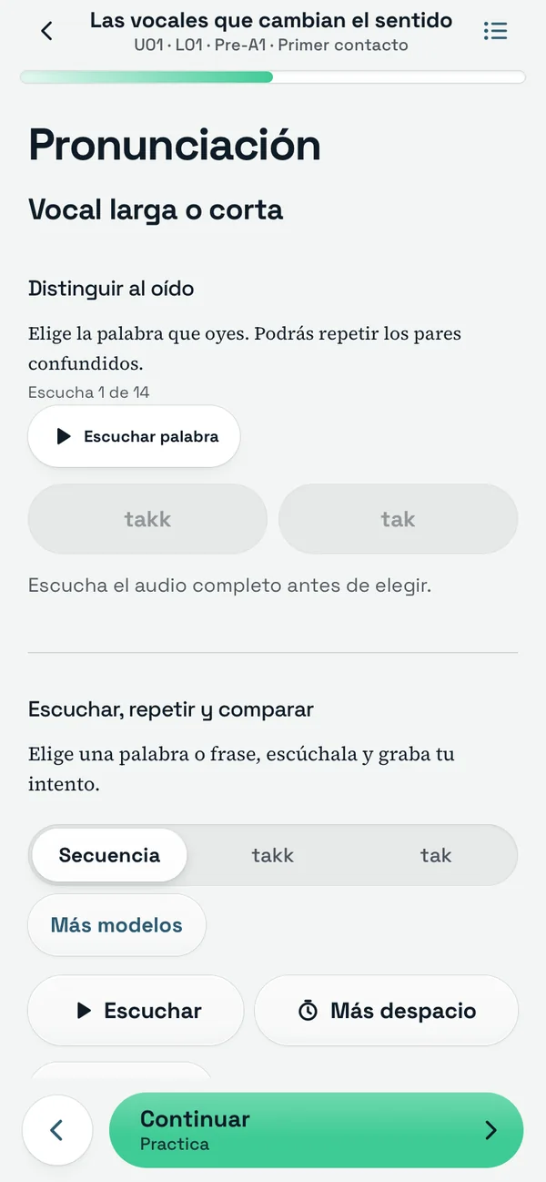 Pantalla de pronunciación: distinguir al oído «takk» y «tak», escuchar más despacio y grabarte.