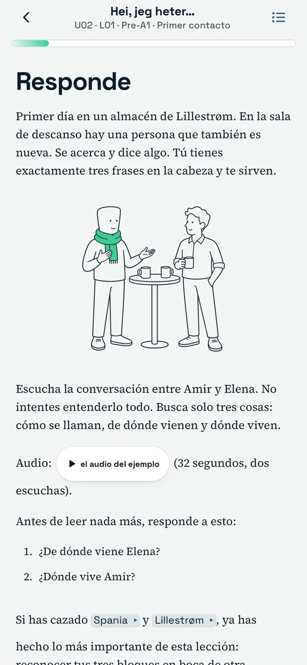 Pantalla de la lección «Hei, jeg heter…»: la escena del almacén de Lillestrøm, un dibujo de dos compañeros con un café y el audio de la conversación.