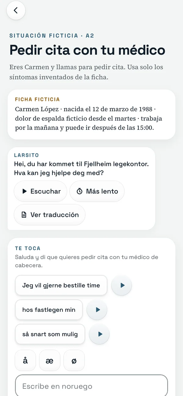 Pantalla de Larsito: pedir cita con el médico, con bloques en noruego para construir la respuesta, audio más lento y traducción.