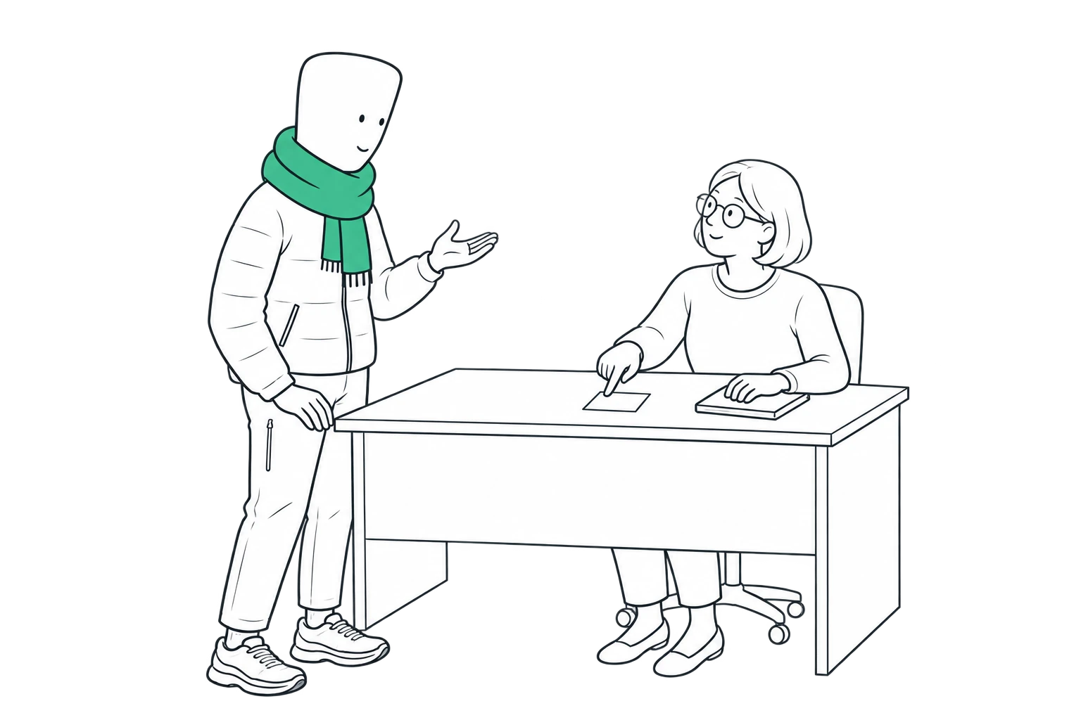 Pepet pide una aclaración a una recepcionista, que señala una tarjeta en el mostrador.