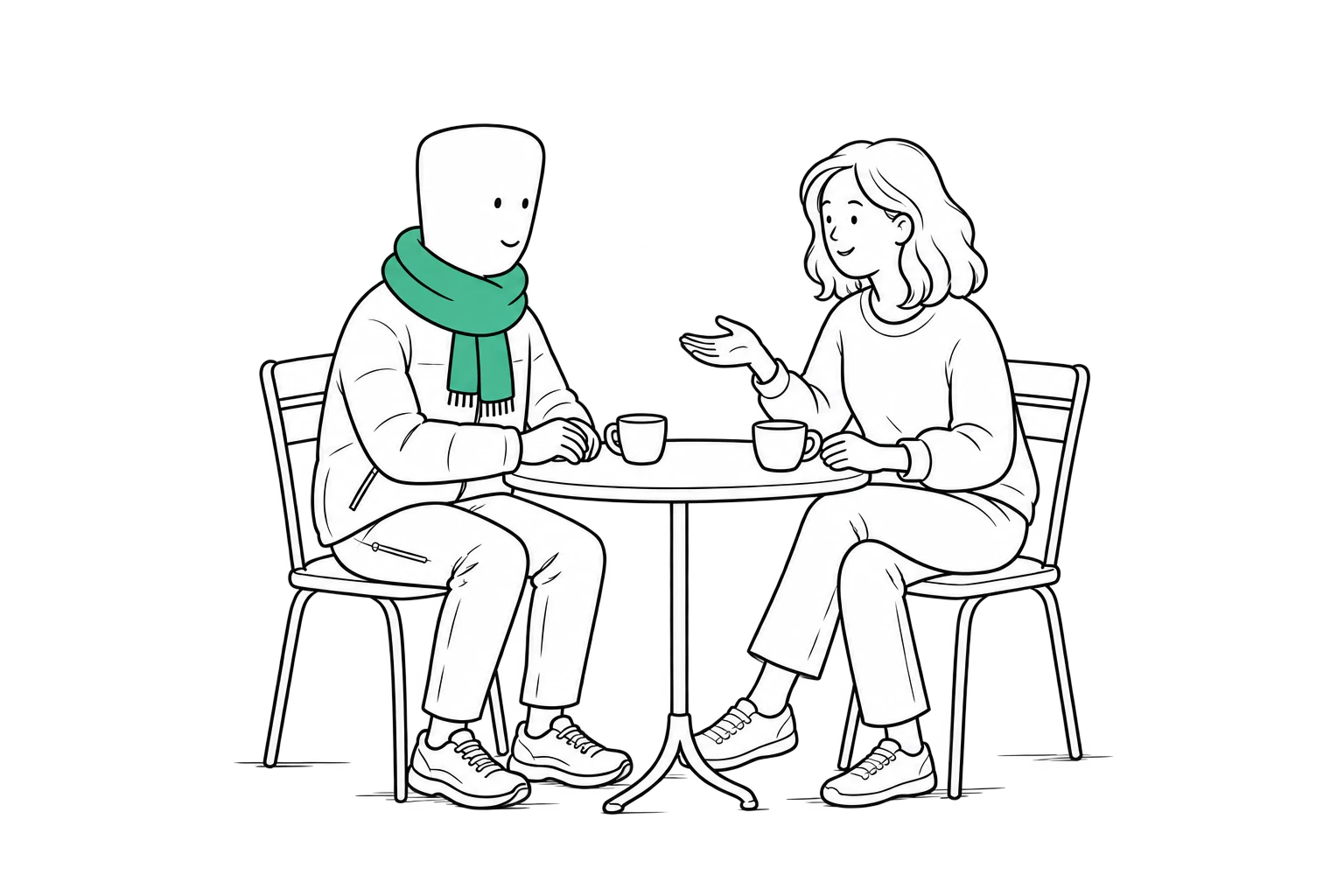 Pepet escucha a una mujer durante una conversación junto a una mesa con dos tazas.